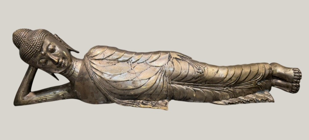Vintage Thai Reclining Buddha Hollow Cast Brass Sculpture 22.25" Parinirvana